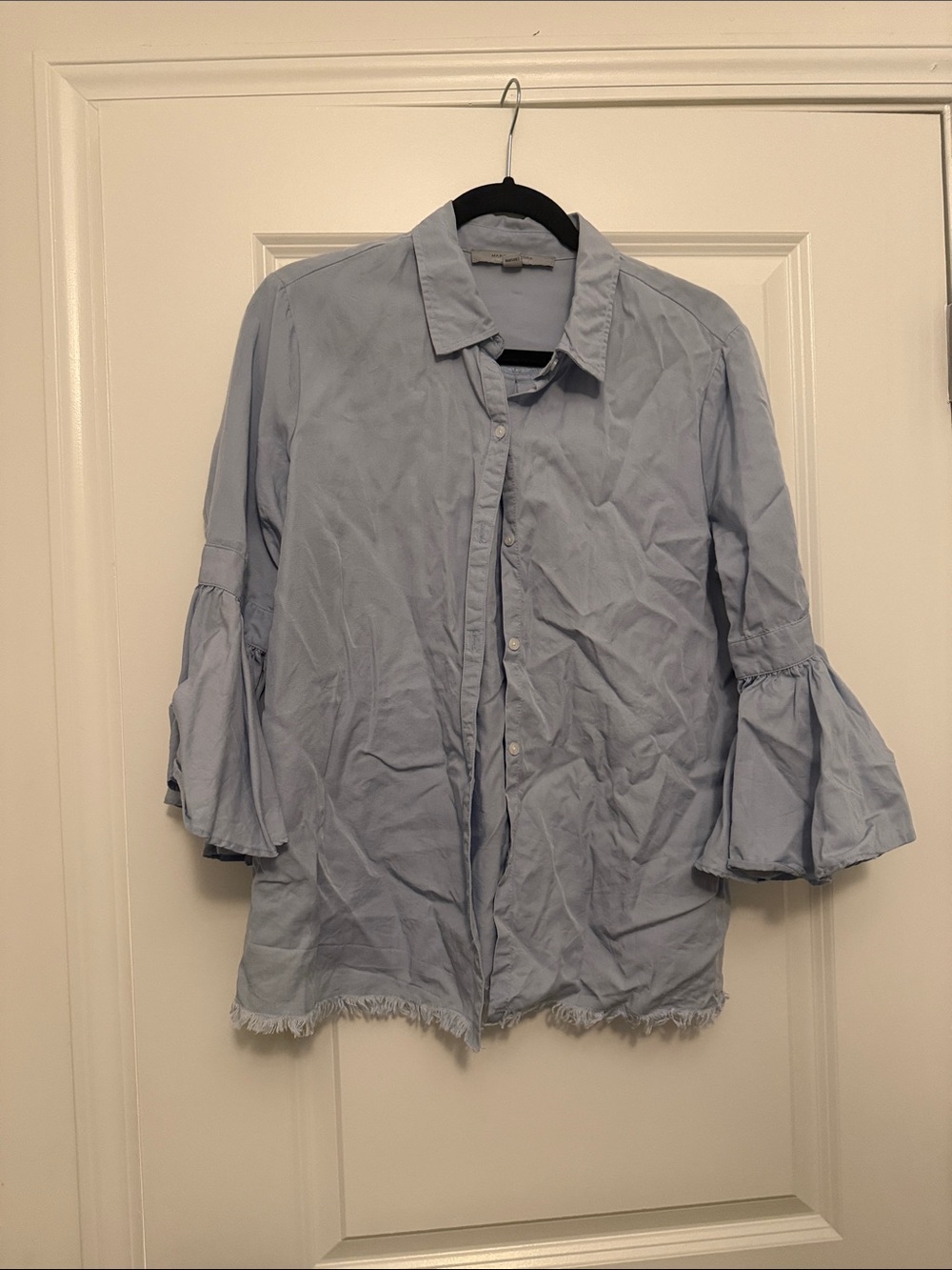 Womens Light Blue Ruffle-Sleeve Button-Down Shirt